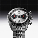 Silver chronograph men's watch with black subdials, stainless steel bracelet